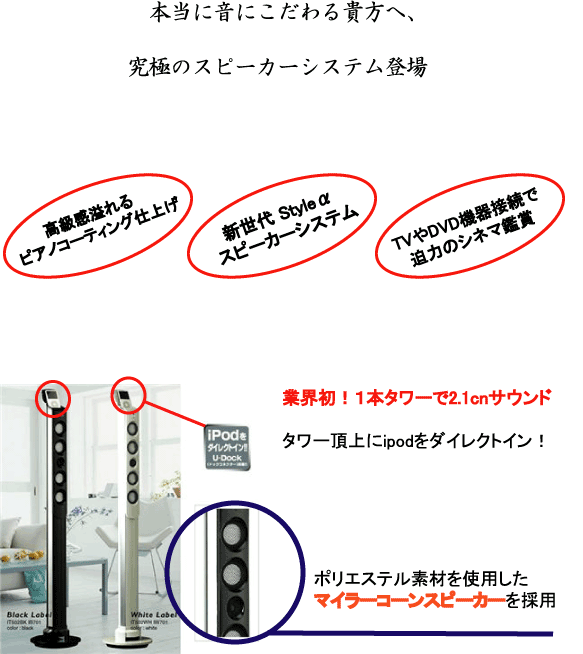 迫力のサウンド 憧れのタワースピーカー STYLEアルファ2.1CHスピーカー